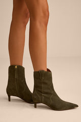 Dallas Olive Suede Leather Western Kitten Heel Booties
