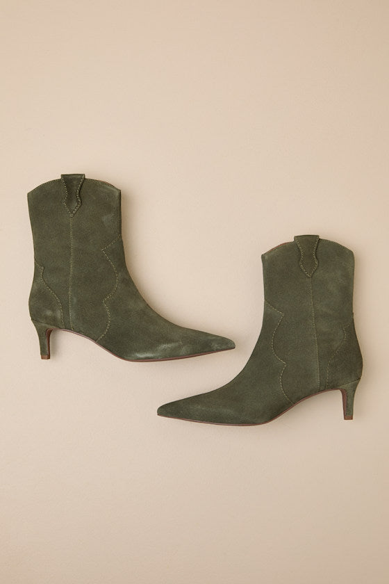 Dallas Olive Suede Leather Western Kitten Heel Booties