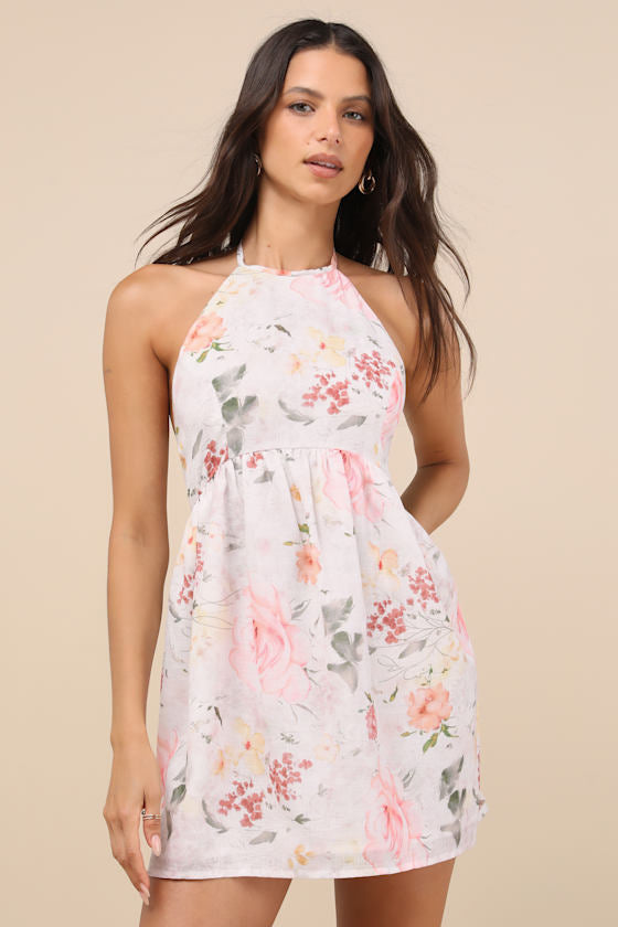 Alwynn Ivory Floral Halter Mini Dress