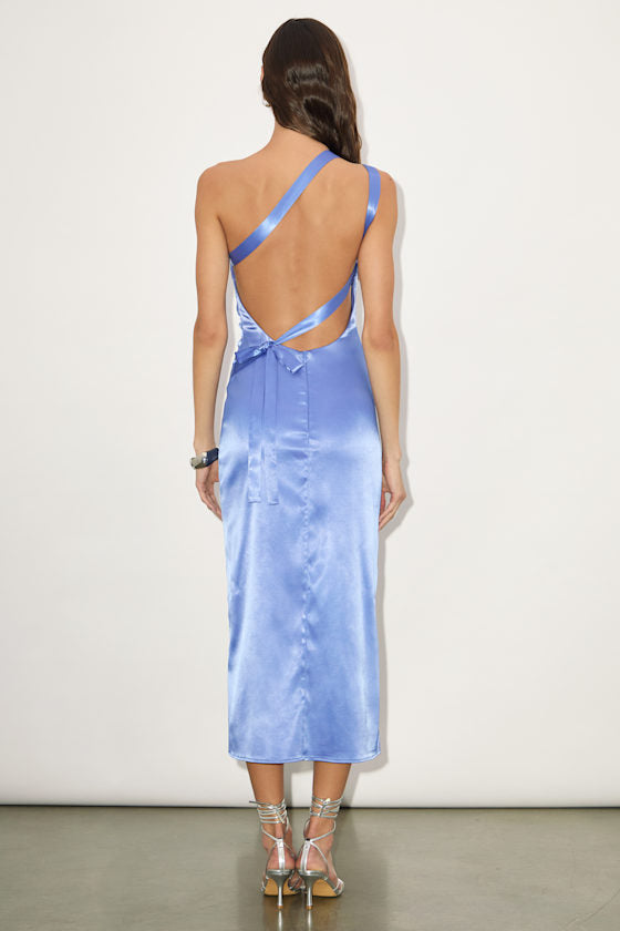 Yvonne Light Blue Satin One-Shoulder Midi Dress