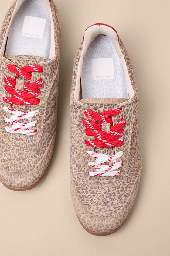 Laini Tan Leopard Printed Suede Leather Lace-Up Sneakers