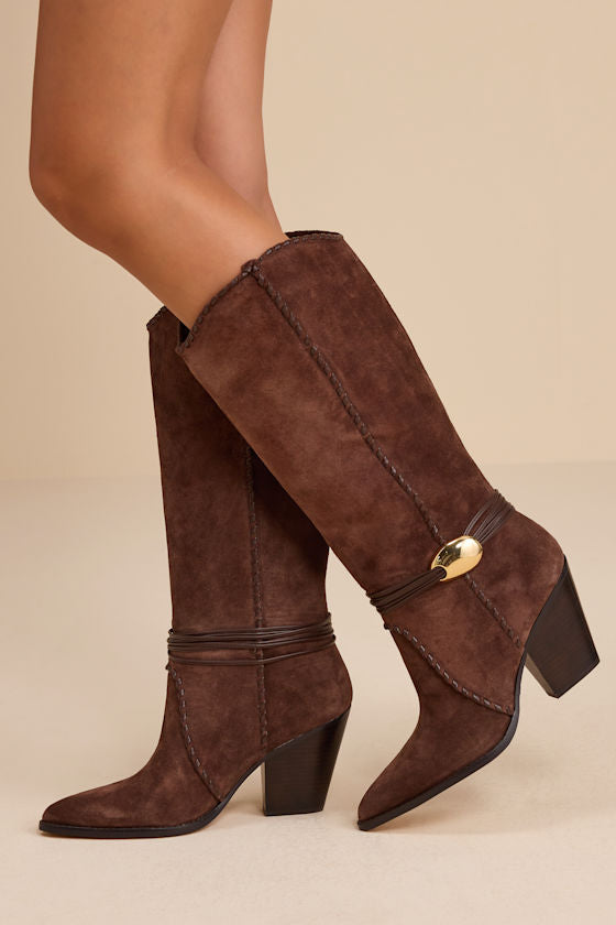 Jody Dark Brown Suede Leather Stitched Knee-High Boots