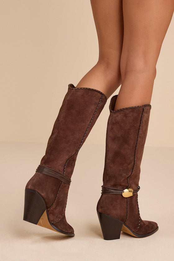 Jody Dark Brown Suede Leather Stitched Knee-High Boots