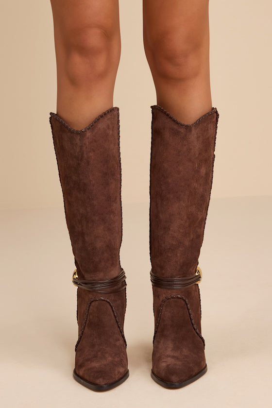 Jody Dark Brown Suede Leather Stitched Knee-High Boots