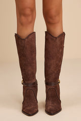 Jody Dark Brown Suede Leather Stitched Knee-High Boots