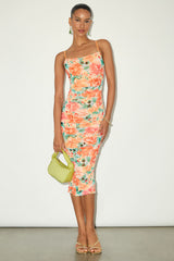 Date Night Beauty Orange Floral Print Mesh Ruched Midi Dress