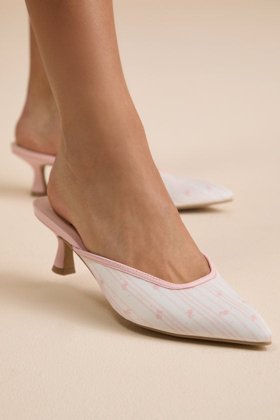 Cleo Pink Floral Satin Pointed-Toe Kitten Heel Pumps