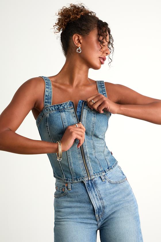 Sculpted Bustier Medium Wash Zip-Front Denim Bustier Top