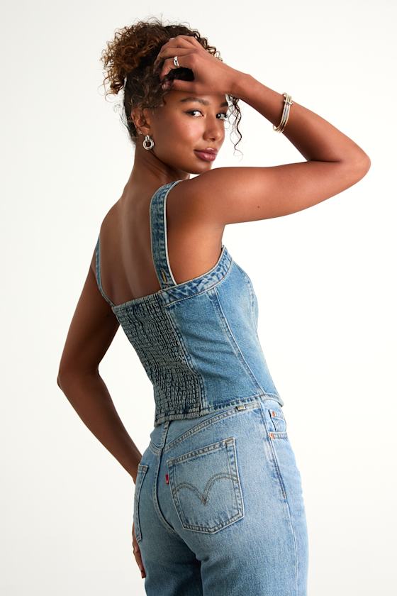 Sculpted Bustier Medium Wash Zip-Front Denim Bustier Top