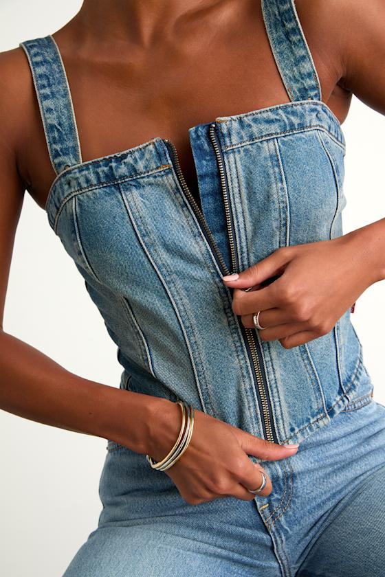 Sculpted Bustier Medium Wash Zip-Front Denim Bustier Top