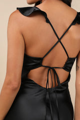 Exuberant Luxury Black Satin Ruffled Lace-Up Maxi Dress