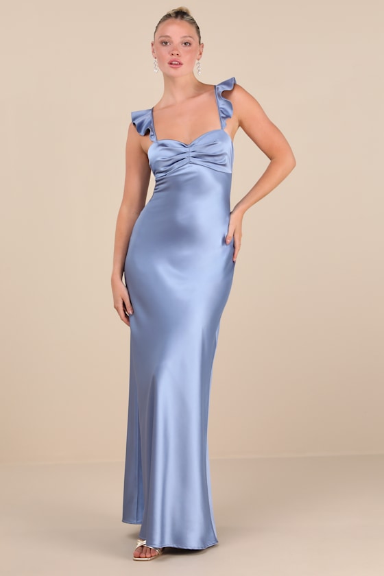 Exuberant Luxury Periwinkle Satin Ruffled Lace-Up Maxi Dress