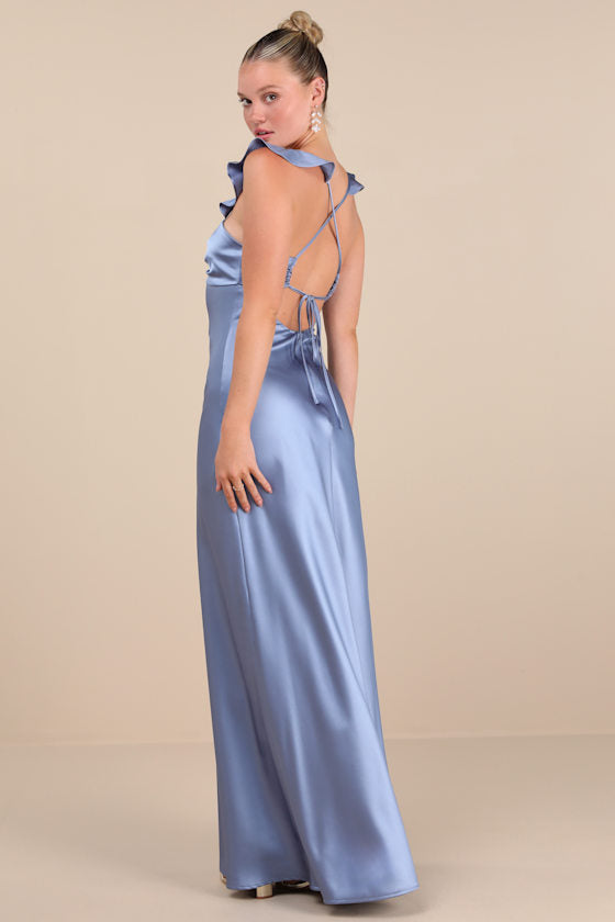 Exuberant Luxury Periwinkle Satin Ruffled Lace-Up Maxi Dress