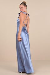 Exuberant Luxury Periwinkle Satin Ruffled Lace-Up Maxi Dress