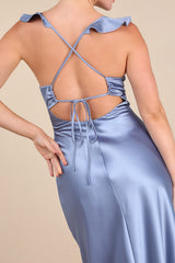 Exuberant Luxury Periwinkle Satin Ruffled Lace-Up Maxi Dress