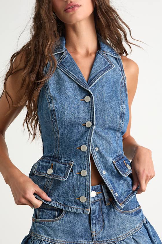 Georgia Medium Wash Denim Peplum Vest Top