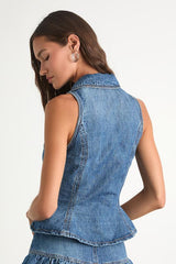 Georgia Medium Wash Denim Peplum Vest Top