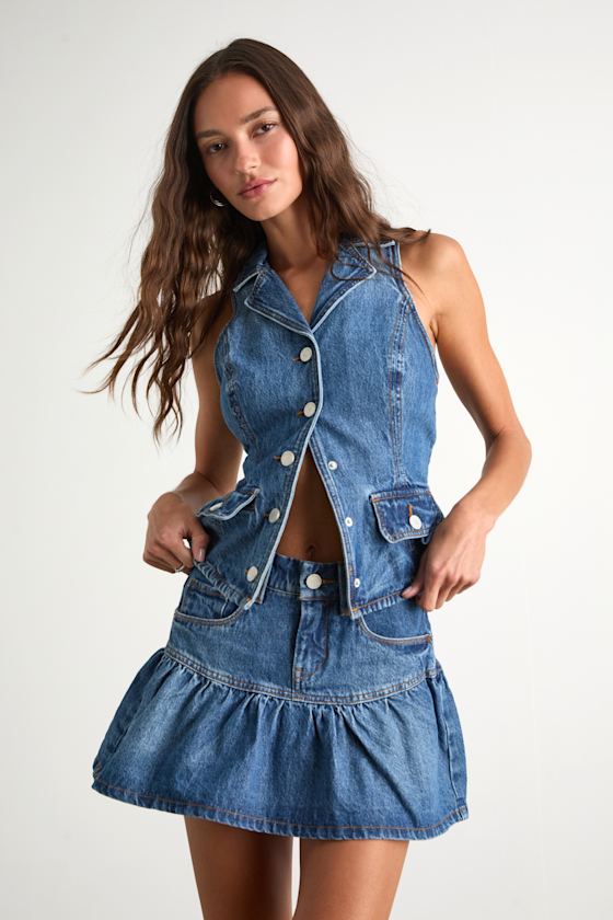 Georgia Medium Wash Denim Ruffled Mini Skirt