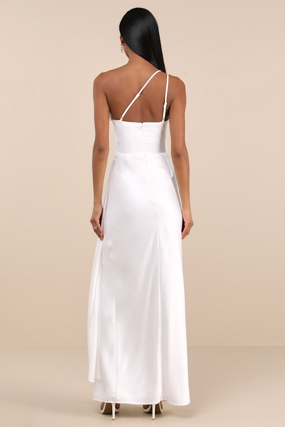 Signature Elegance White Satin One-Shoulder Maxi Dress