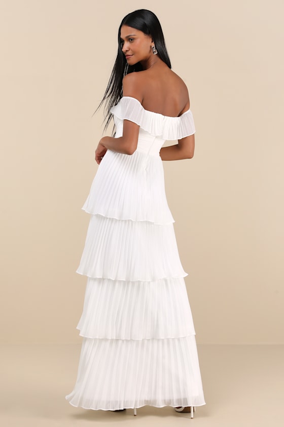Always Remarkable White Pleated Off-the-Shoulder Maxi Dress