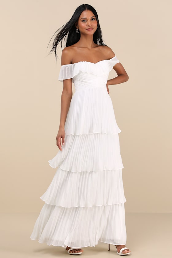 Always Remarkable White Pleated Off-the-Shoulder Maxi Dress