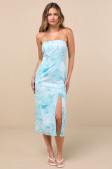 Lyra Light Blue Leaf Print Strapless Midi Dress