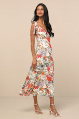 Simply Blissful Ivory Multi Floral Tie-Strap A-Line Midi Dress