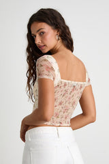 Sweeter Vibes Cream Floral Mesh Short Sleeve Bustier Crop Top