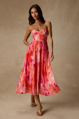 Aysel Coral Pink Abstract Strapless Bustier Midi Dress
