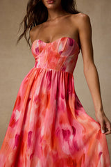 Aysel Coral Pink Abstract Strapless Bustier Midi Dress