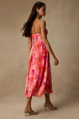 Aysel Coral Pink Abstract Strapless Bustier Midi Dress