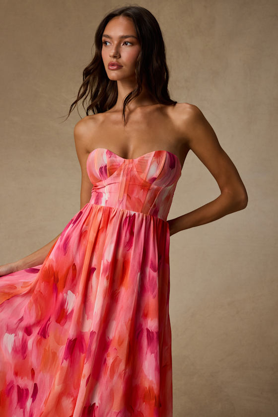 Aysel Coral Pink Abstract Strapless Bustier Midi Dress