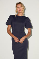 Simply Beloved Navy Puff Sleeve Bodycon Midi Dress