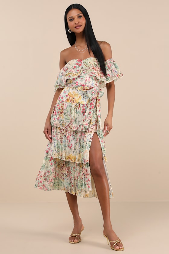 Lucella Cream Multi Floral Tiered Off-the-Shoulder Midi Dress