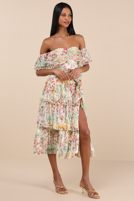 Lucella Cream Multi Floral Tiered Off-the-Shoulder Midi Dress