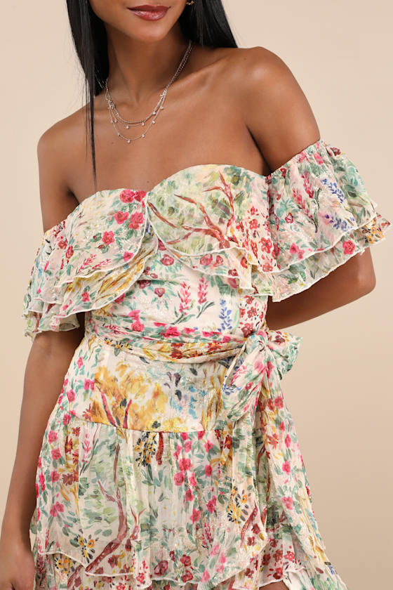 Lucella Cream Multi Floral Tiered Off-the-Shoulder Midi Dress