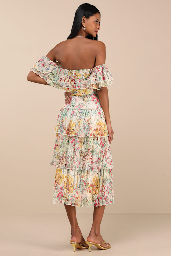 Lucella Cream Multi Floral Tiered Off-the-Shoulder Midi Dress