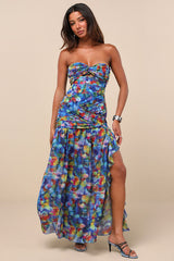 Jeniah Blue Multi Abstract Print Drop Waist Maxi Dress