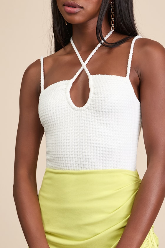 Lehua White Textured Knit Cutout Bodysuit