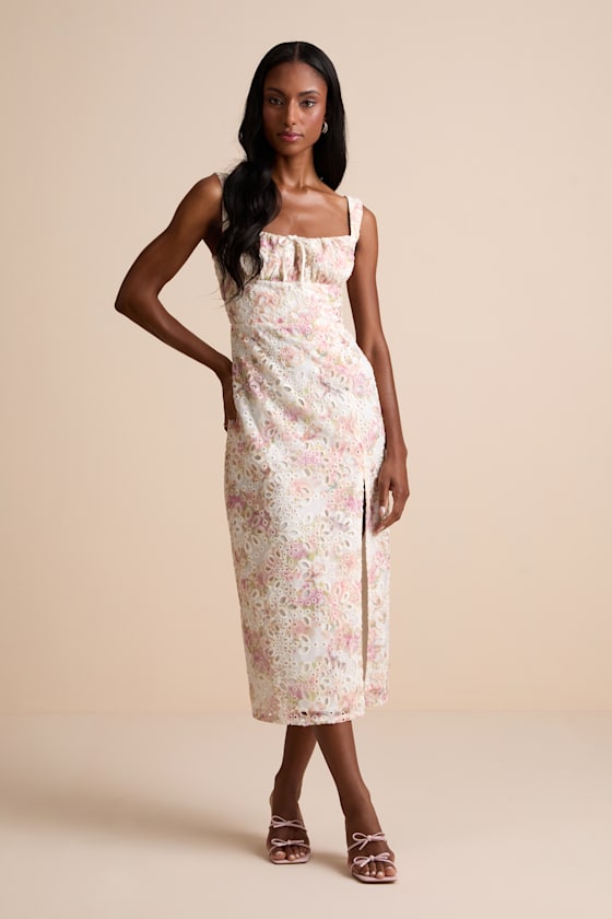 Andrea White Floral Embroidered Column Midi Dress