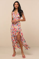 Laraline Red Multi Floral Ruffled Cowl Back Maxi Dress
