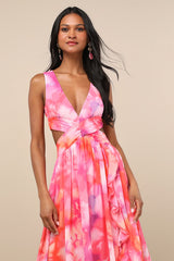 Elisanna Pink Multi Floral Lace-Up Midi Dress