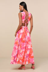 Elisanna Pink Multi Floral Lace-Up Midi Dress