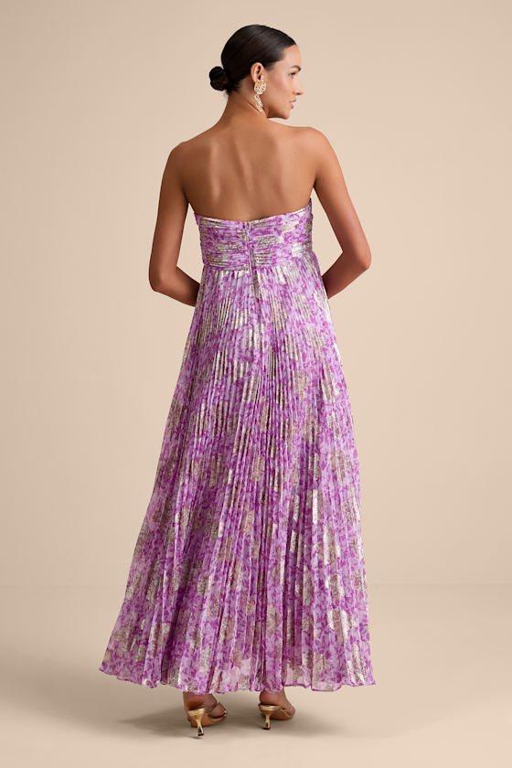 Lynwen Light Purple Abstract Pleated Strapless Maxi Dress