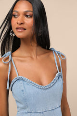 Kamda Light Wash Denim Tie-Strap Mini Dress