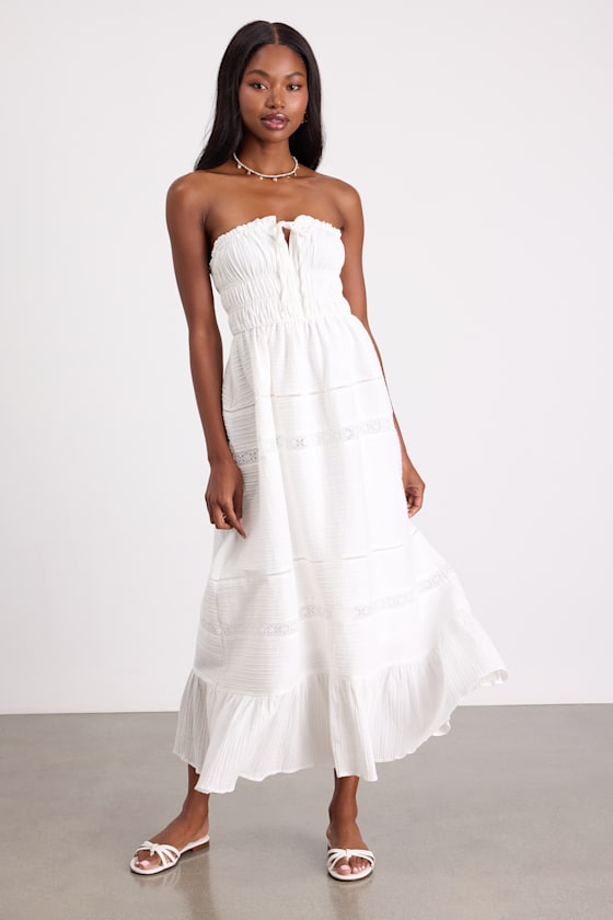 Sylvana White Textured Strapless Midi Dress