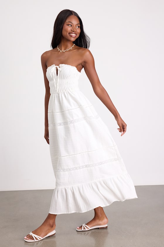 Sylvana White Textured Strapless Midi Dress