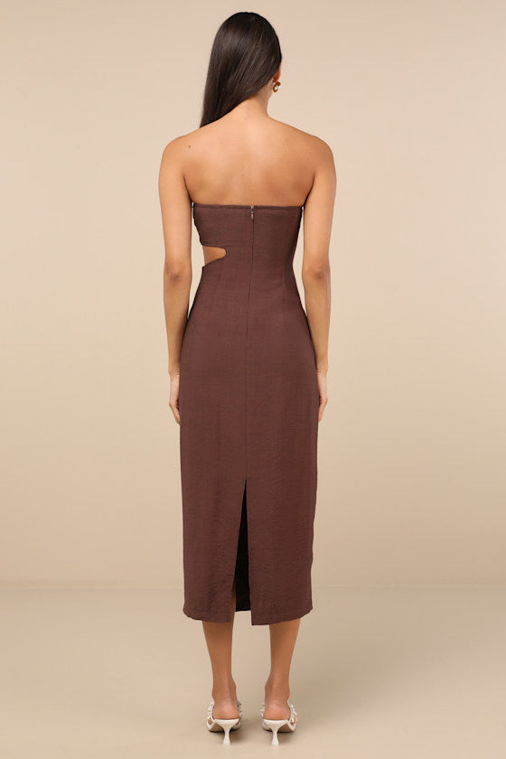 Zisel Brown Cutout Strapless Midi Dress