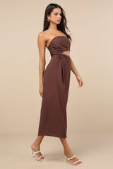 Zisel Brown Cutout Strapless Midi Dress