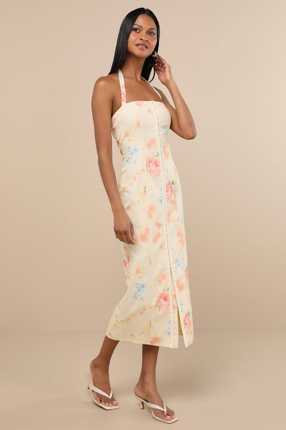 Arrosa Light Yellow Floral Halter Midi Dress